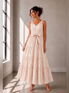 481. Blush Meadow Tiered Maxi Dress in cream/pink